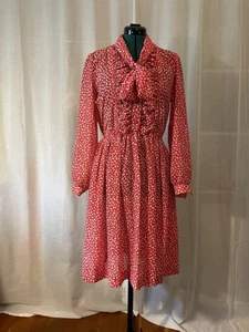 Vintage 70s Red Floral Henry Lee Petites Pussy Bow Dress S - Picture 1 of 10