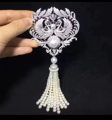 Twin Phoenix Brooch With Pearl Tassel - Image 1 of 4