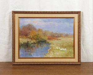 Flussufer Szene mit Gänsen, Herbst Landschaft Ölgemälde, Künstler Ovsiyko - Bild 1 von 12