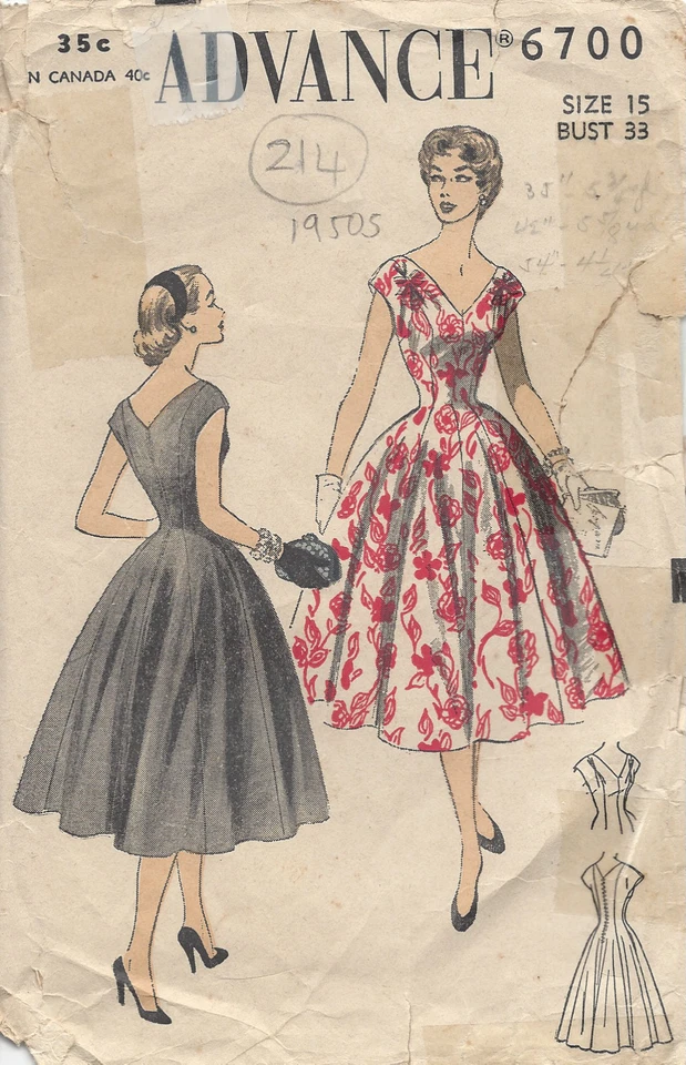 1950s Vintage Sewing Pattern DRESS B33" (214) - Image 1 of 1