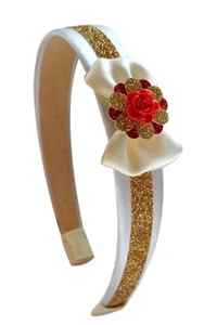 Belle Inspired Red Rose & Gold Sparkling Flower Costume Arch Girls Headband - Picture 1 of 2