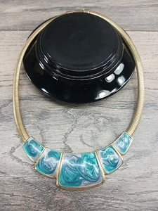 VINTAGE 1980s Teal And Blue Enamel Gold Tone Omega Chain - Picture 1 of 11