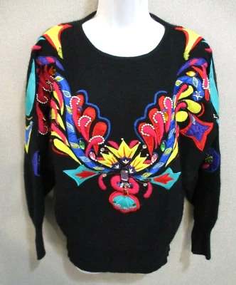 Винтажный 80-х кедры свитер размер средний аппликация и бисер яркий абстрактный "Новая волна" - Изображение 1 из 4