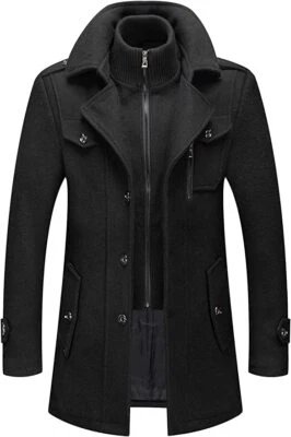 Men's Thermal Single Breasted Wool Blend Coat Business Peacoat Detachable Zipper - Image 1 of 4