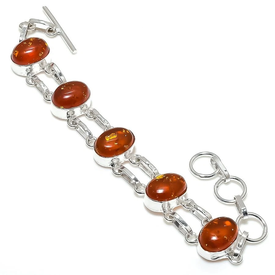 Baltic Amber Gemstone Handmade 925 Sterling Silver Jewelry Bracelet Size 7-8" - Image 1 of 1
