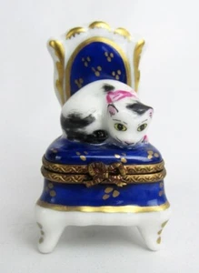 Limoges France Hand Painted Black & White Cat Napping on Chair Trinket Box - Picture 1 of 7