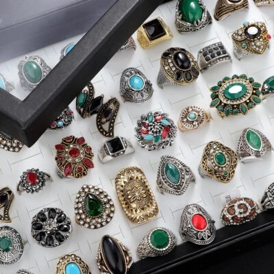 Wholesale 50pcs Lot Vintage Crystal Stone Mix Style Metal Jewelry Ring Men Women - Image 1 of 4