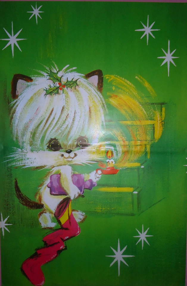 Christmas Vintage 1970s Gift Wrapping Paper ~ Happy Merry Cute Cat Kitten Xmas - Image 1 of 1