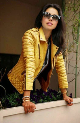 Chaqueta de Cuero AMARILLA Para Mujer Piel de Cordero Suave Genuina Nueva Hecha a Mano Fiesta Motociclista Foto 1 de 4