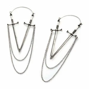 Pair of Double Sword with Chains Surgical Steel Tunnel Plug Hoop Earrings - Picture 1 of 2