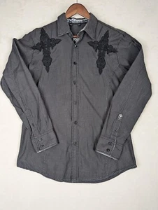 Roar Mens Button Up Shirt Embroidered Crosses GreyM Flip Cuff Double Sided - Picture 1 of 14