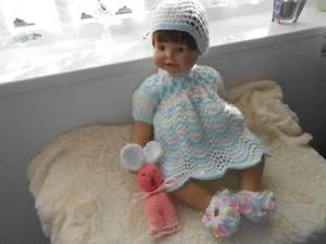 Hand knitted White multi Rainbow Dress set baby girl 0-3mth/Reborn 19/22.*.NEW * - Picture 1 of 5