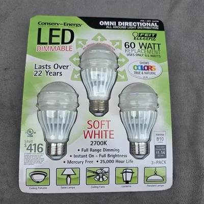 Feit Electric 60 Watt Replacement LED Dimmable Bulbs Omni Directional 3 Pack NEW - Image 1 of 3