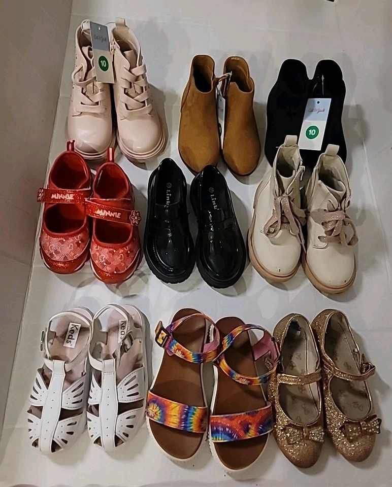 Kids Shoes Lot 9 Pairs Girls Size 10 Sandals Sneakers Boots New Used Minnie Keds - Image 1 of 4