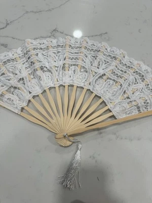 Vintage Wedding Battenburg Lace White Hand Fan - Image 1 of 3