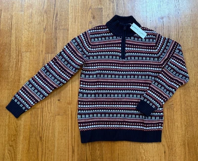 NWT Janie and Jack Navy Burgundy Fair Isle 1/4 Zip Sweater Boys Size 12 - Image 1 of 4