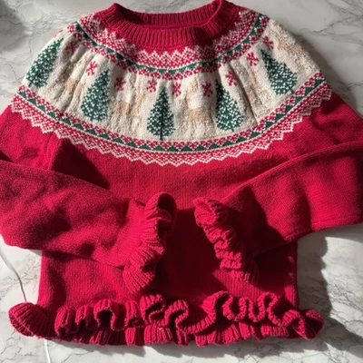 Suéter de férias Tahari infantil meninas renas árvore babado tamanho P 5/6 vermelho verde - Imagem 1 de 4