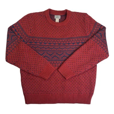 LL Bean Birdseye 100% Lamb’s Wool Sweater Men’s Medium Fair Isle Fisherman Red - Image 1 of 4
