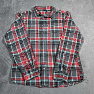 KAVU Shirt Mens Large Red Black Teal Plaid Button Down Long Sleeve Flannel Soft — 第 1/4 张图片