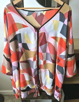 2X Oversized Blouse Popover Kimono Geometric Squares Semi Sheer Tie Front Spense - Image 1 of 4