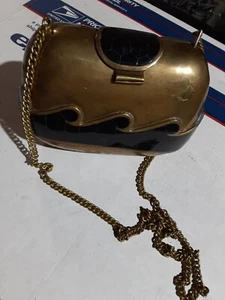 Vtg Metal Purse Gold Brass Clutch Small Minaudiere Heavy Ocean Wave 60s - Picture 1 of 10