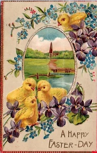 1910s Easter Postcard Chicks Embossed Gold Frame Church Happy Day Purple Flowers - Picture 1 of 2