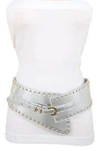 Donna Largo Western Argento Moda Fascia Elastica Cintura Oro Borchie XS S - Foto 1 di 11