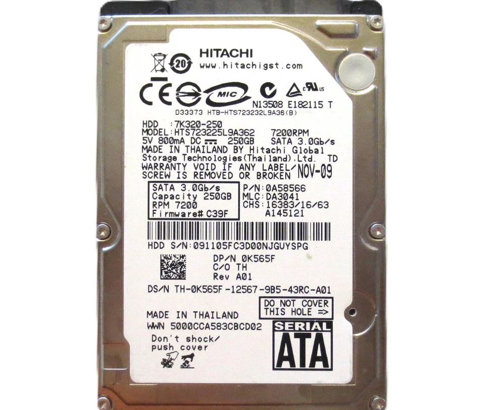 Hitachi HTS723225L9A362 0A58566 DA3041 (091) Thailand 2.5" 250gb Sata HDD NOV-09 - Image 1 of 1