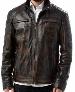 MENS SIZE FASHION BIKER JACKETS SLIM FIT CASUAL VINTAGE GENUINE LEATHER JACKET - Picture 1 of 6