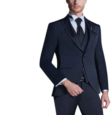 Herrenanzug mit Hochzeitweste, Plastron, Brosche Gr.48 Dunkelblau - Bild 1 von 4