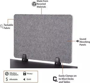 REFOCUS CLAMP-ON ACOUSTIC DESK DIVIDER REDUICE NOISE CASTLE GRAY 23.6" X 16" - Picture 1 of 5
