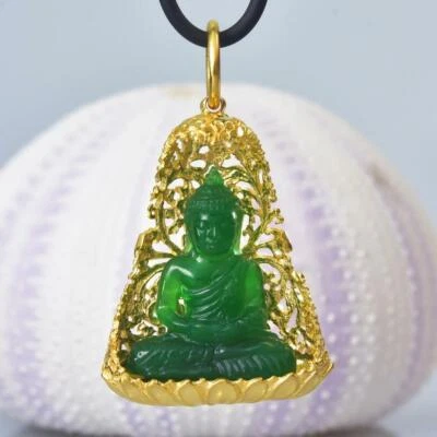 Buddha Image Gold Vermeil Sterling Bodhi Tree Green Chalcedony Pendant 13.04 g - Image 1 of 4