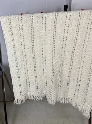 Handmade Knit Afghan Blanket Cream Chair Throw 60x39 Plus Fringe Soft Cozy  4"  - Image 1 of 4