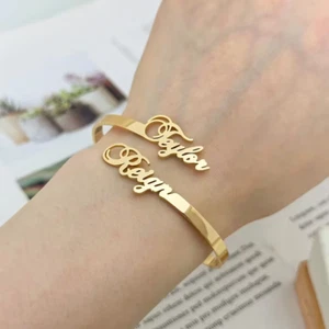 Customized Double Name Bracelet Bangle Cuff Jewelry Stainless Steel Anniversary - Picture 1 of 7