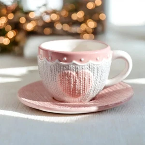 Cute Knitted Knitting Ceramic Pink Heart Coffee Mug Tea Cup & Saucer Set 250ml - Picture 1 of 6
