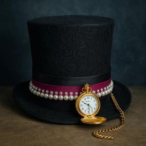 Gothic Lace Top Hat with Pocket Watch – Steampunk Halloween Costume Hat - Picture 1 of 12