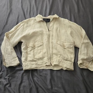 Ralph Lauren Linen Sand Cropped Jacket Womens Size Medium Full Zip Made In Usa - Picture 1 of 5