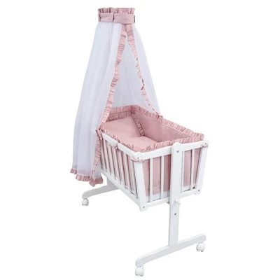 BABY-DELUX Babywiege Schaukelwiege Weiß Bettset Royal Rosa Rüsche Stickerei komplett