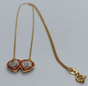 18K Diamond Enameled Twin Heart Pendant 16" 18K Chain - Picture 1 of 9