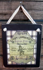Lucky Leprechaun Irish Pub Hanging Wall Sign Plaque Primitive Rustic Farmhouse - Picture 1 of 2
