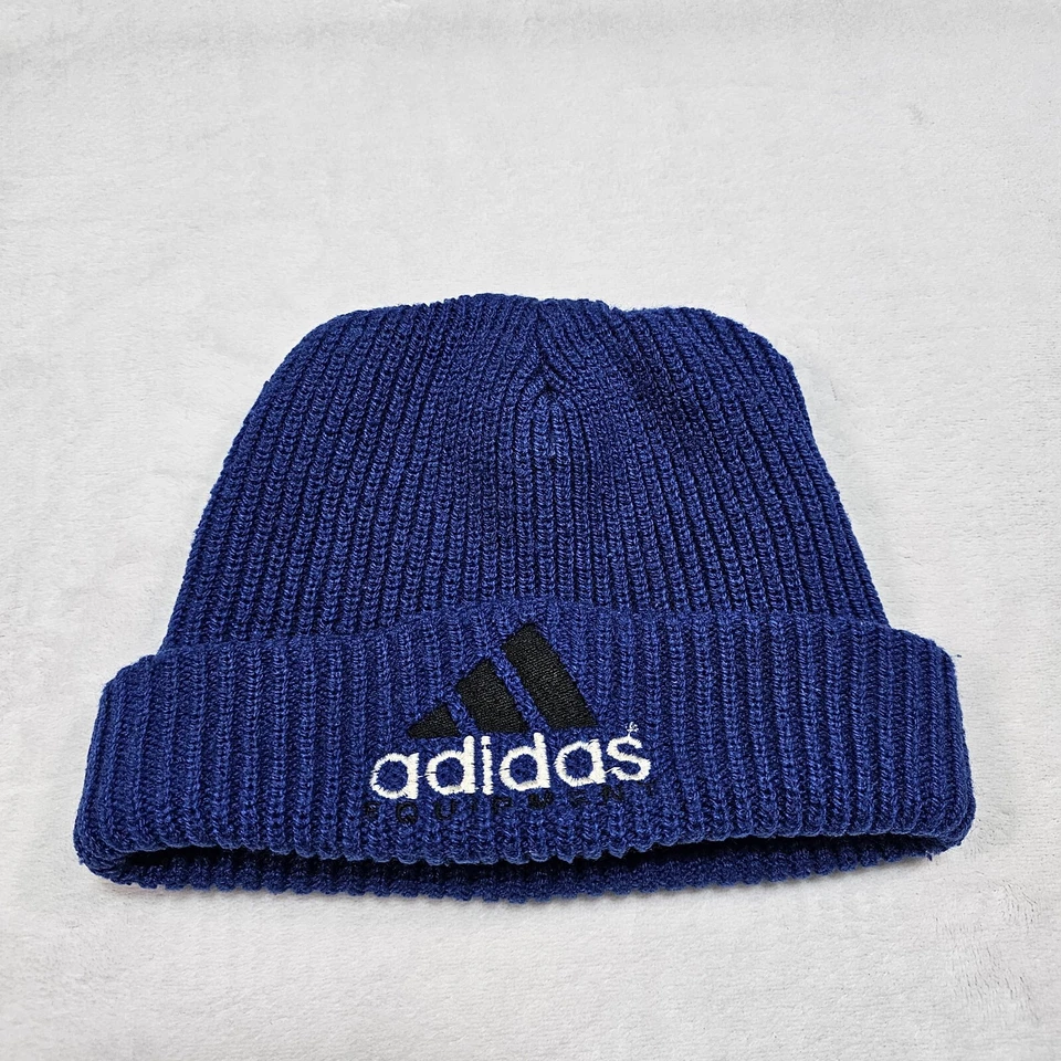 Vtg Adidas Equipment Beanie Ribbed Knit Blue Black 90's Y2K Grunge Hip Hop Cap - Image 1 of 4