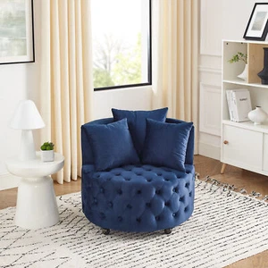 Velvet Upholstered Swivel Chair for Living Room w/ Button Tufted Design, Blue - Picture 1 of 12