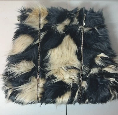 Mark Avon Black Off White Faux Fur Tote Bag  Silver Chain Strap Handbag - Image 1 of 4