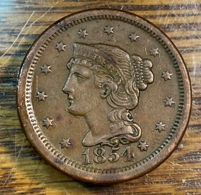 1854 Large Cent Choice Original AU Below Greysheet (!) CHN - Image 1 of 2