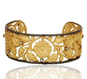 22K Yellow Gold Plated Brass Zircon Floral Filigree Fashion Cuff Bracelet Bangle - Picture 1 of 6