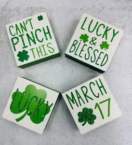 Set Of 4 St Patrick's Day Wood Glitter Block Signs Tiered Tray Home Decor 3"x3" - Picture 1 of 2