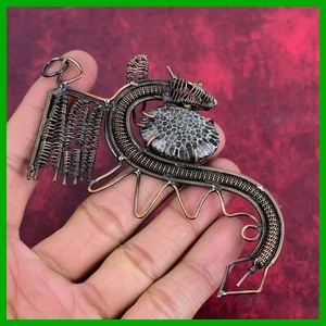Copper Oval Stingray Coral Stone Wire Wrapped Dragon Handcrafted Pendant Jewelry - Picture 1 of 6