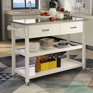 Rolling Kitchen Island Trolley Cart Stainless Steel Table Top with Two Drawers - Picture 1 of 6