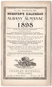 1898 Webster's Calendar or the Albany Almanac No 115, Charles Munsell, Albany NY - Picture 1 of 2