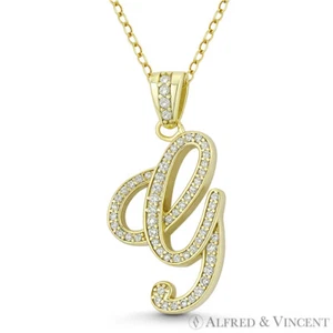 Initial Letter "G" Cursive Script CZ Crystal .925 Sterling Silver 14k GP Pendant - Picture 1 of 1
